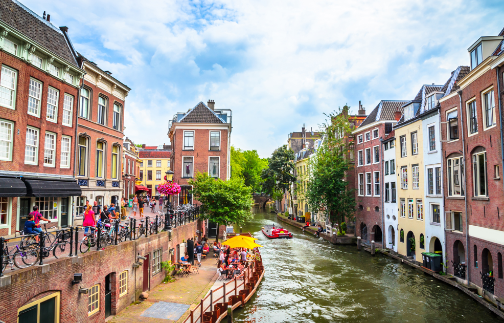 Traditional houses on the Oudegracht (Old Canal) in center of Utrecht, Netherlands