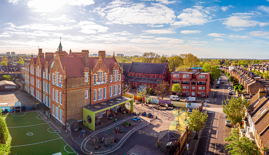 Aerial view of school in London suburb in the morning, UK