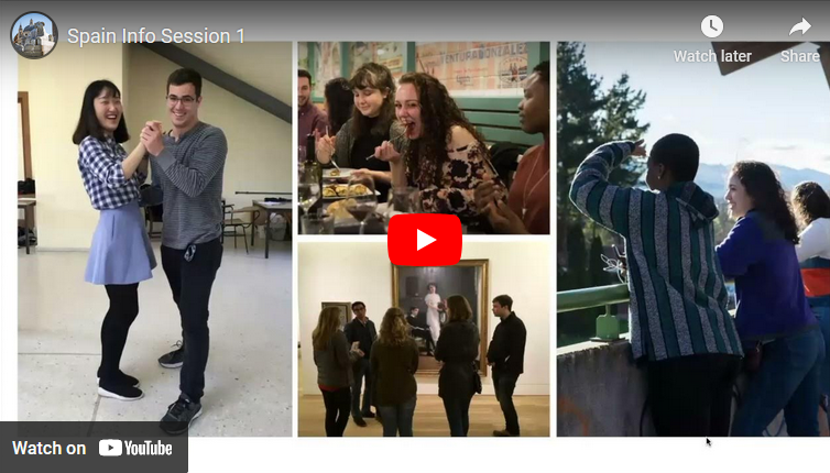 screenshot of recorded info session showing images of students dancing, talking and looking out across a landscape