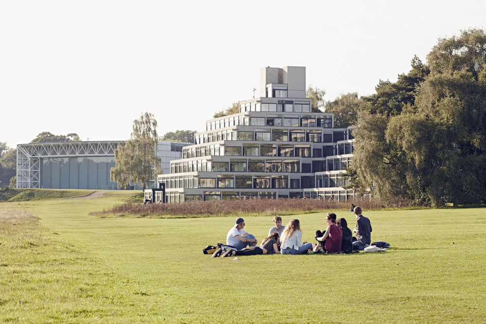 UEA campus - students sitting on the lawn during the day in front of UEA housing
