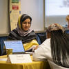 Students talking with international student