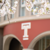 Temple University logo on a TUJ Kyoto campus building with cherry blossoms