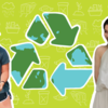 two students set against an illustration showing recycling graphic and various sustainability icons in the background