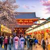 Tourists at shopping street in Asakusa connect to Sensoji Temple, Tokyo Japan with sakura trees